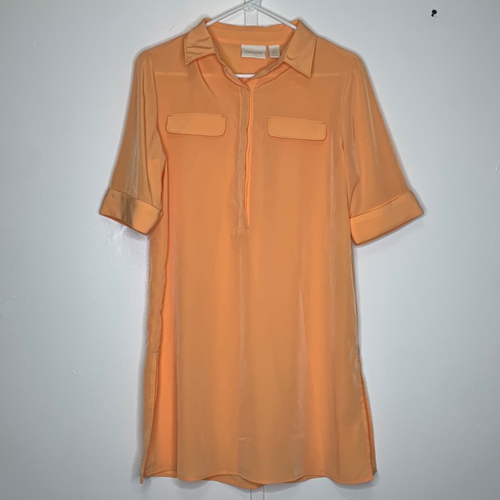 Chico’s Tunic Polo Top Shirt Blouse Collared Short Sleeve Side Slits Orange Sz 0